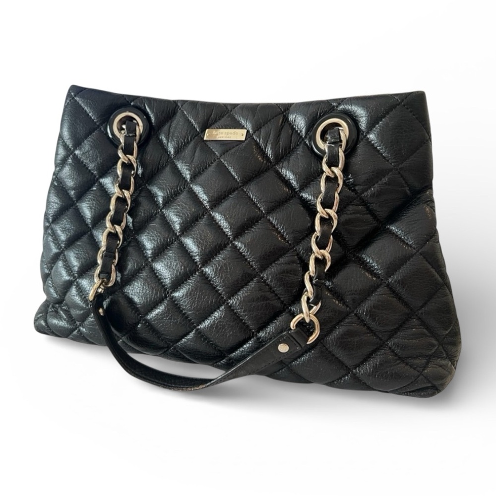 Kate Spade Quilted Black Leather Tote Gold Chain Straps